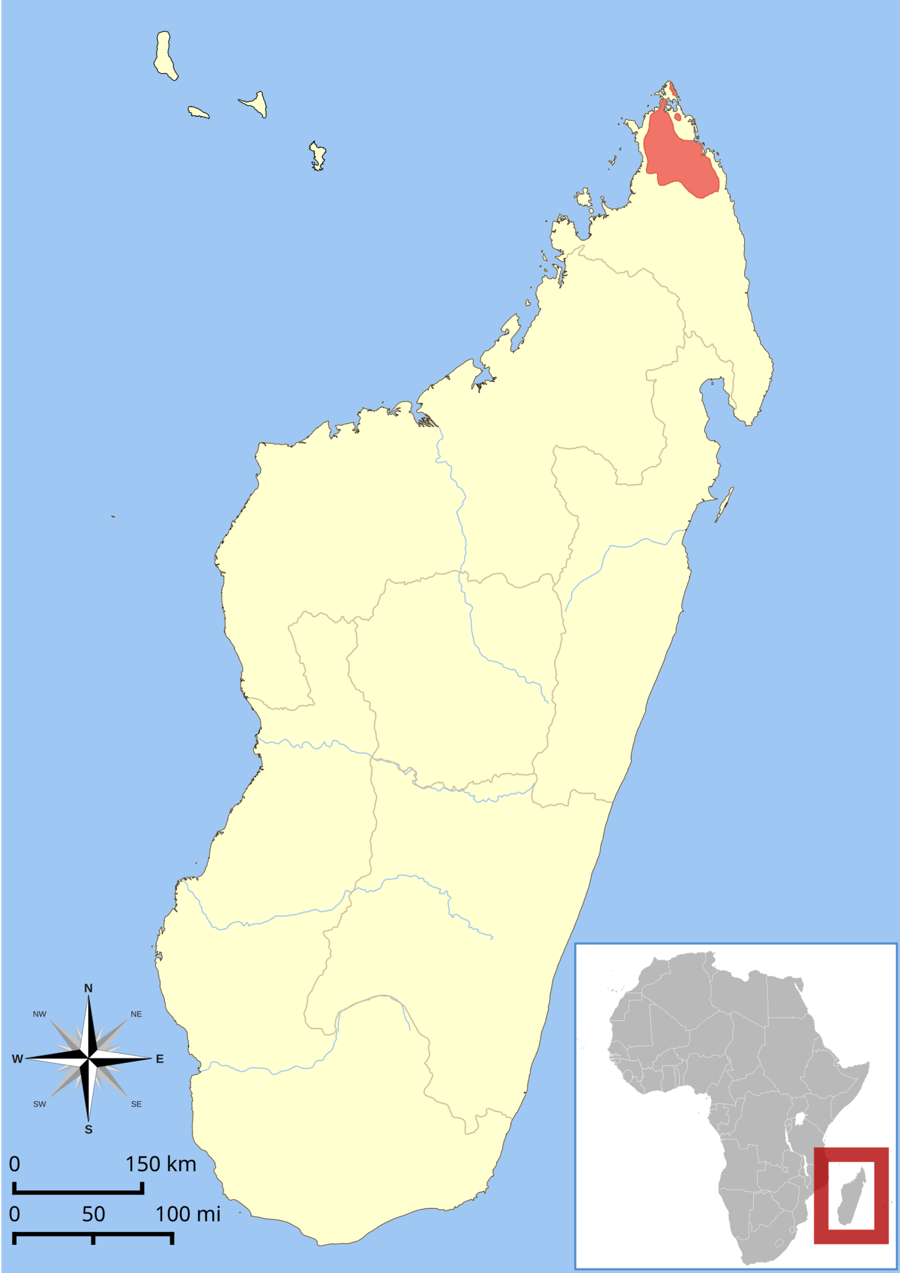 Mapa rozšíření – Lemur korunkatý (Eulemur coronatus)