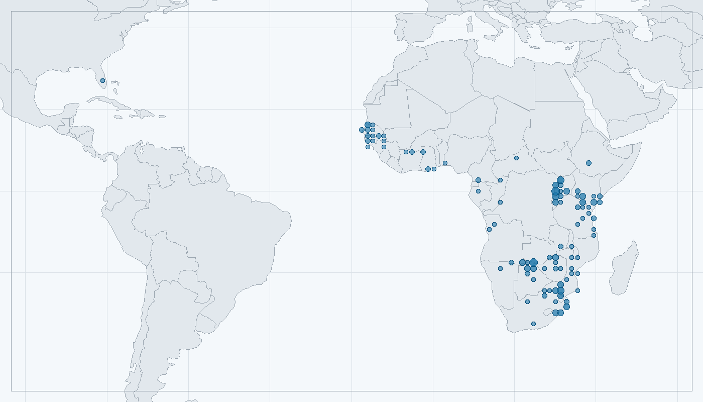 Mapa zaznamenaného výskytu: Ostnák africký (Actophilornis africana)