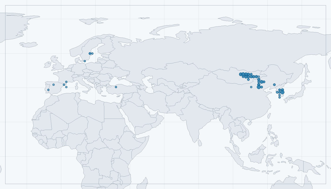 Mapa zaznamenaného výskytu: Sup hnědý (Aegypius monachus)