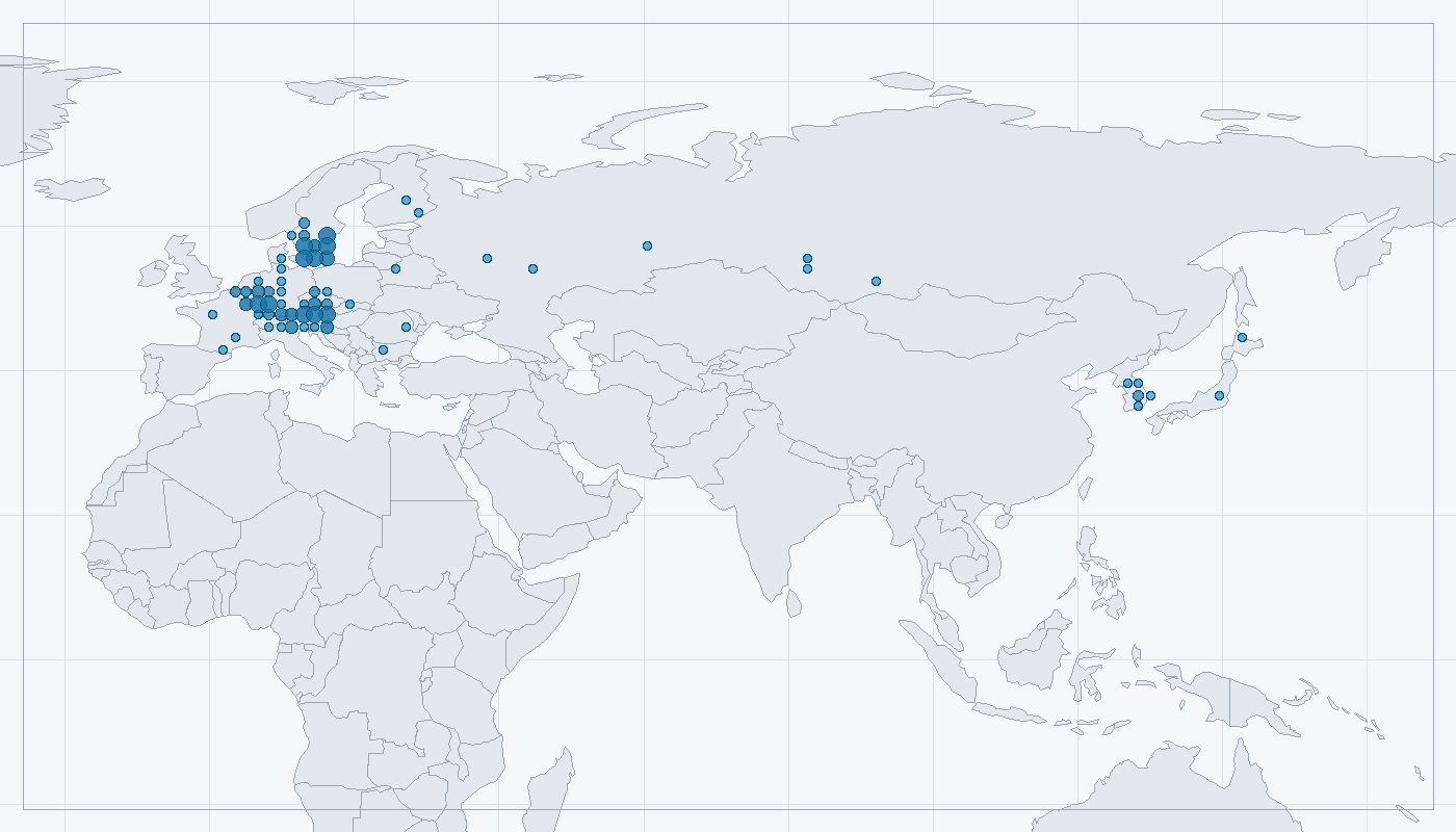 Mapa zaznamenaného výskytu: Martináč bukový (Aglia tau)