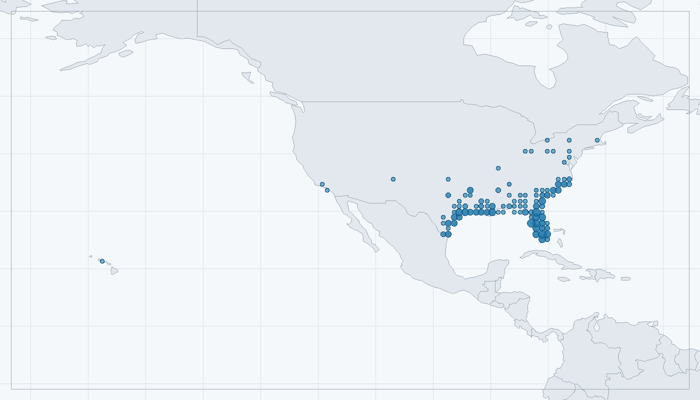 Mapa zaznamenaného výskytu: Aligátor severoamerický (Alligator mississippiensis)