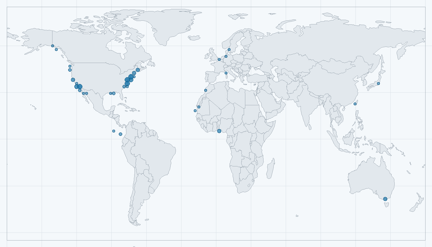 Mapa zaznamenaného výskytu: Žralok liščí (Alopias vulpinus)