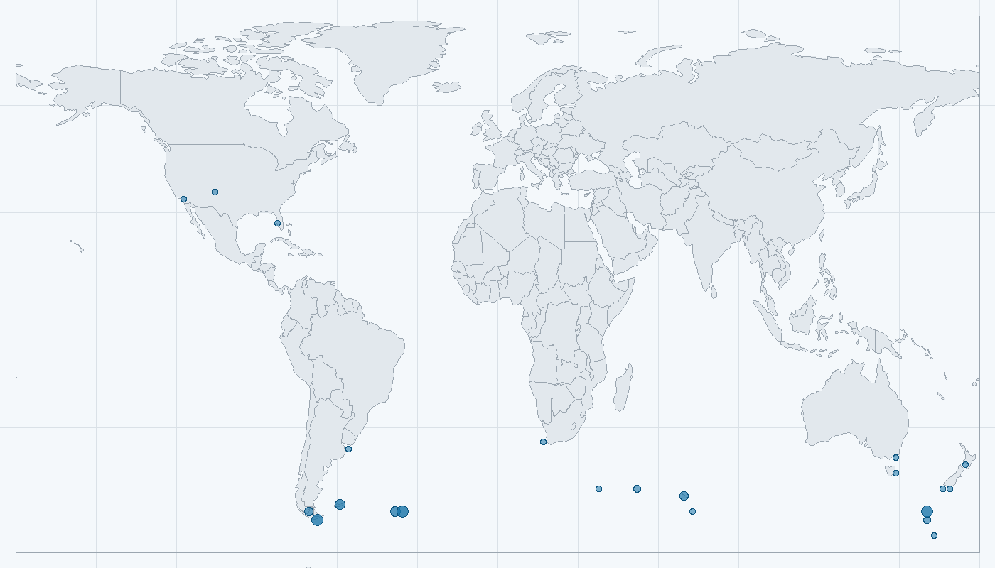 Mapa zaznamenaného výskytu: Tučňák patagonský (Aptenodytes patagonicus)