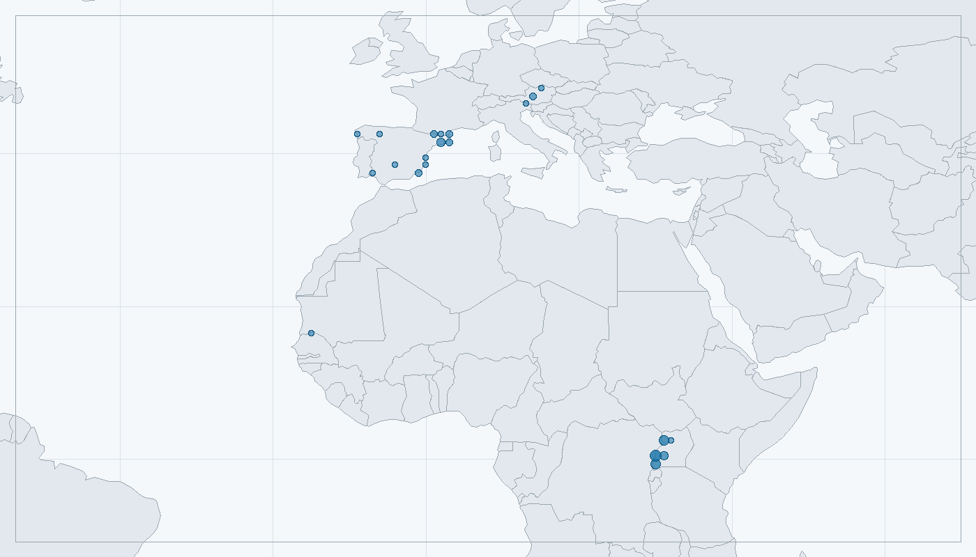 Mapa zaznamenaného výskytu: Rorýs velký (Apus melba)