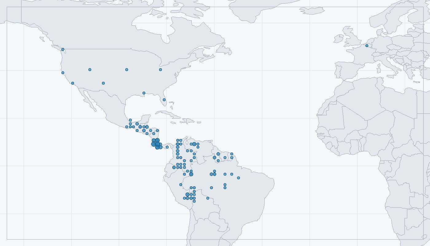 Mapa zaznamenaného výskytu: Ara arakanga (Ara macao)