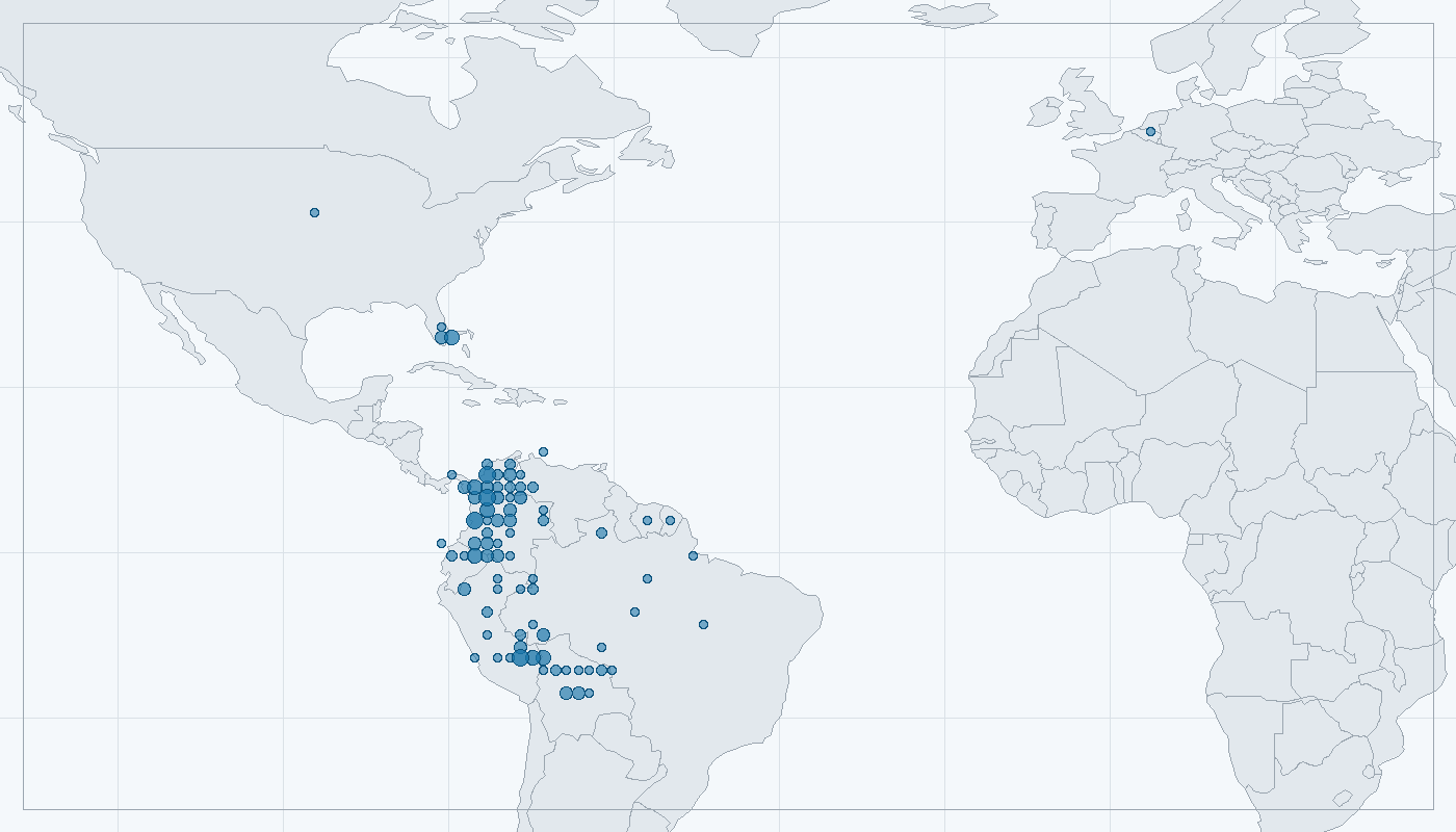Mapa zaznamenaného výskytu: Ara malý (Ara severa)