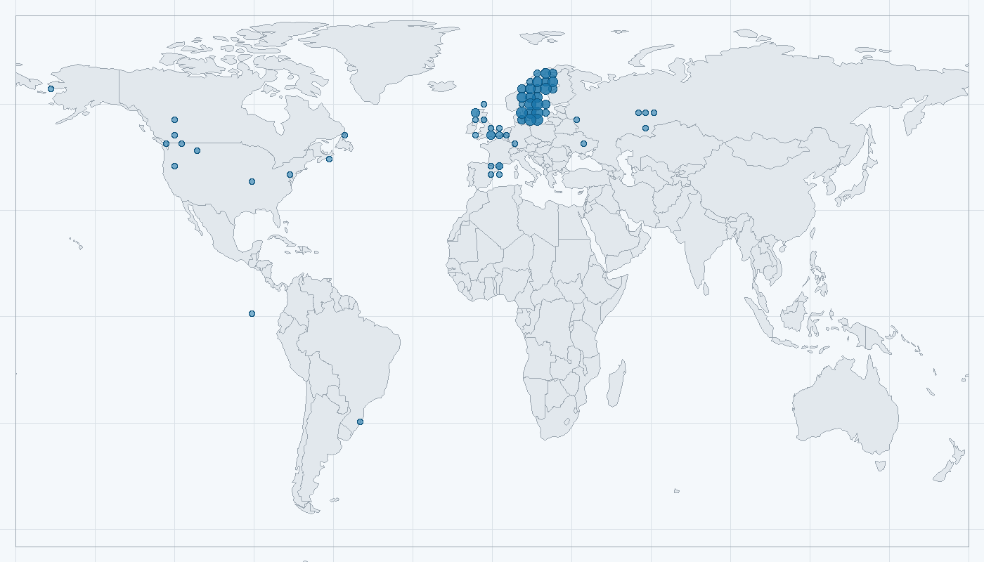 Mapa zaznamenaného výskytu: Kalous pustovka (Asio flammeus)