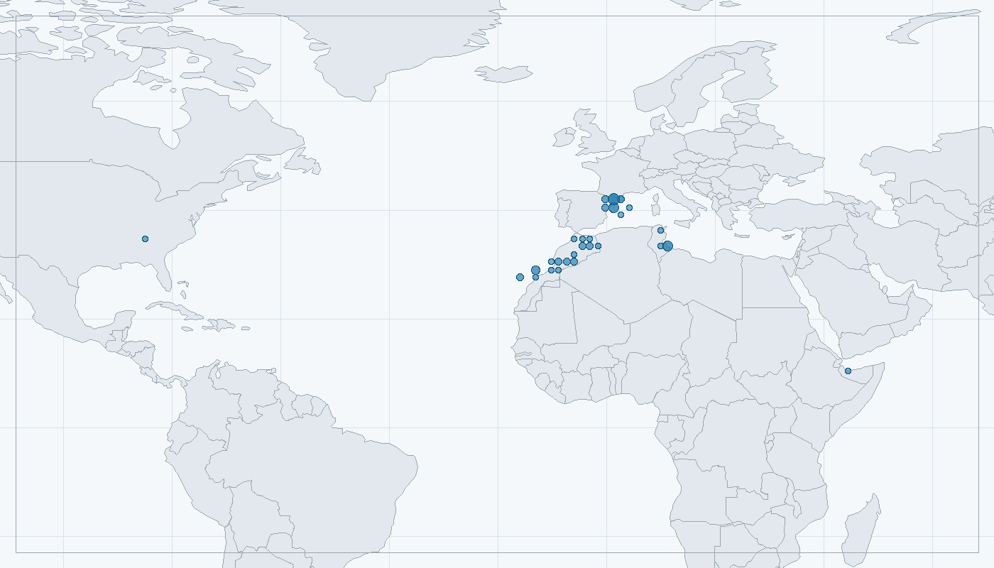 Mapa zaznamenaného výskytu: Ježek alžírský (Atelerix algirus)