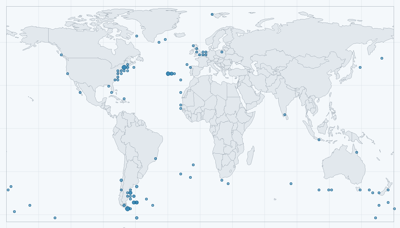 Mapa zaznamenaného výskytu: Plejtvák sejval (Balaenoptera borealis)
