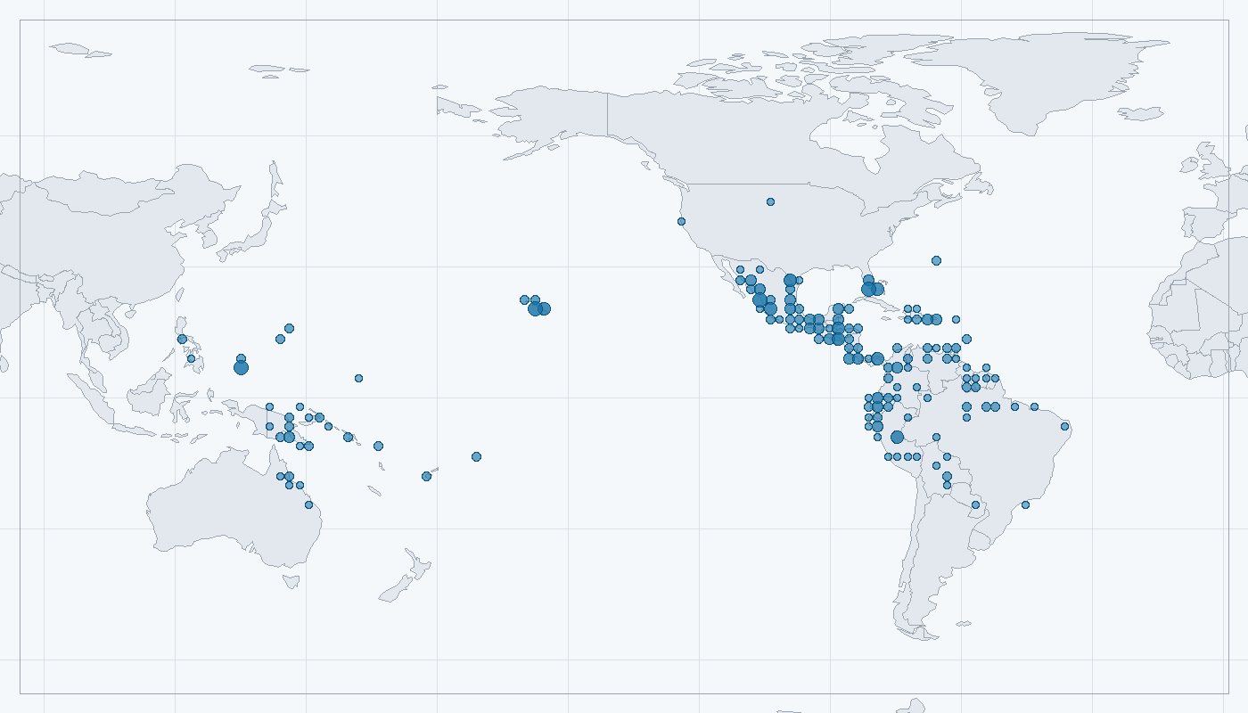 Mapa zaznamenaného výskytu: Ropucha obrovská (Bufo marinus)