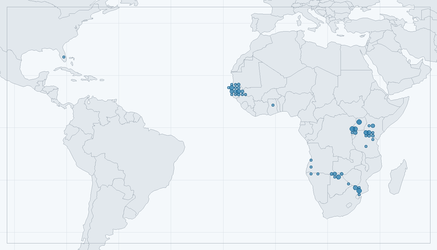 Mapa zaznamenaného výskytu: Klubák žlutozobý (Buphagus africanus)