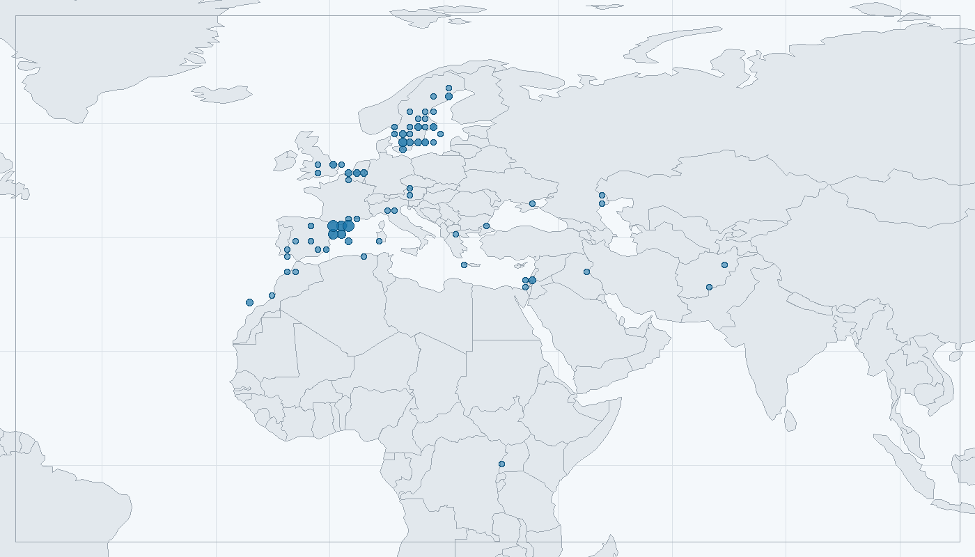 Mapa zaznamenaného výskytu: Dytík úhorní (Burhinus oedicnemus)