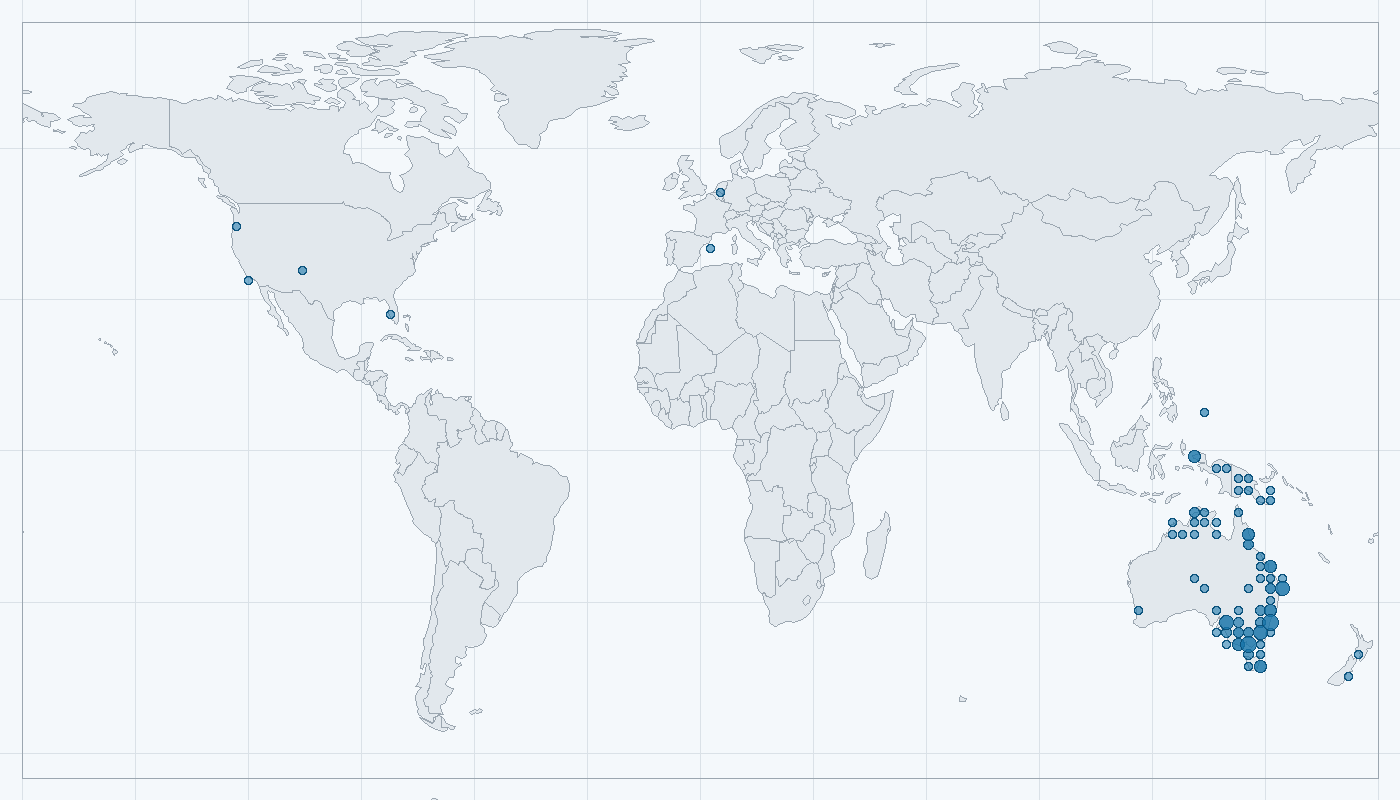 Mapa zaznamenaného výskytu: Kakadu žlutočečelatý (Cacatua galerita)