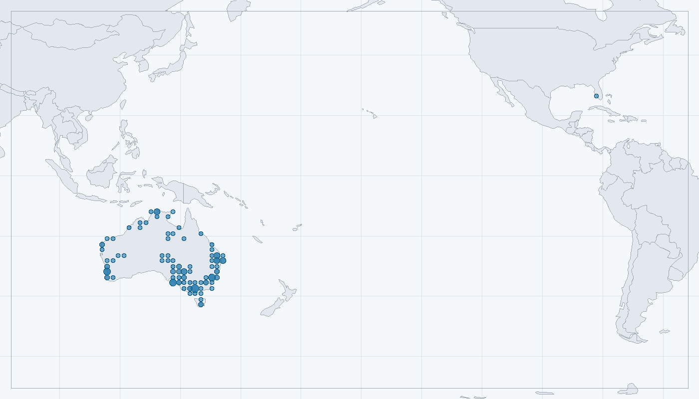 Mapa zaznamenaného výskytu: Kakadu naholící (Cacatua sanguinea)