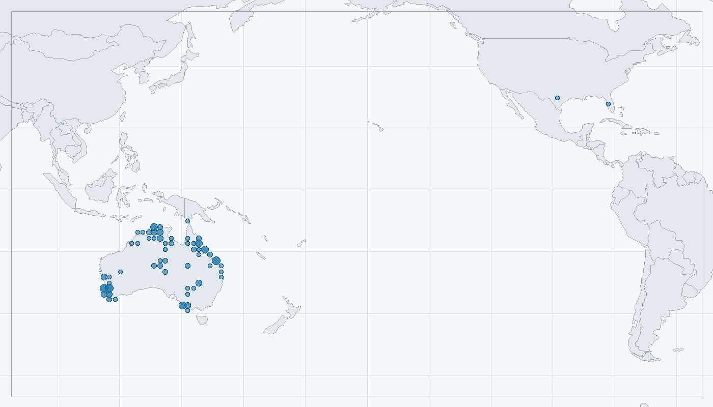 Mapa zaznamenaného výskytu: Kakadu havraní (Calyptorhynchus banksii)