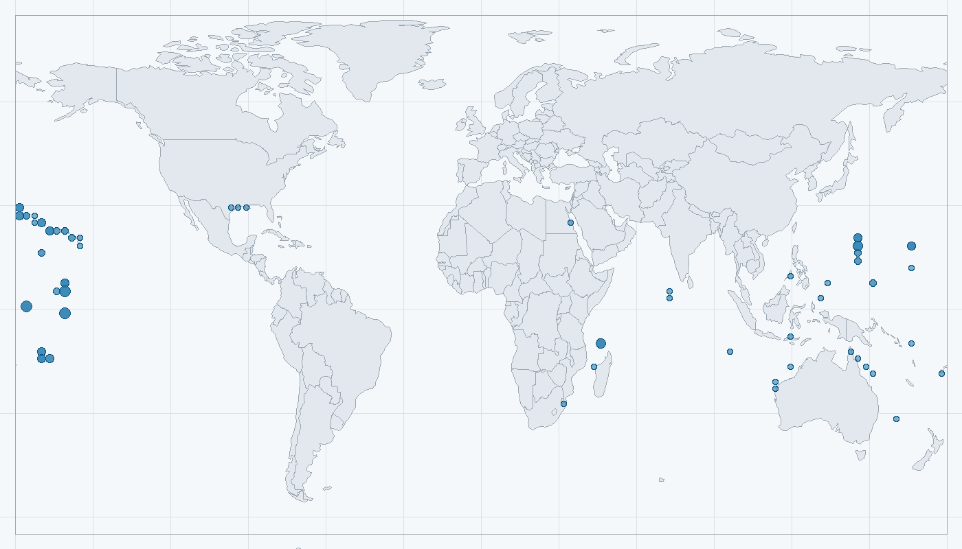 Mapa zaznamenaného výskytu: Žralok spanilý (Carcharhinus amblyrhynchos)
