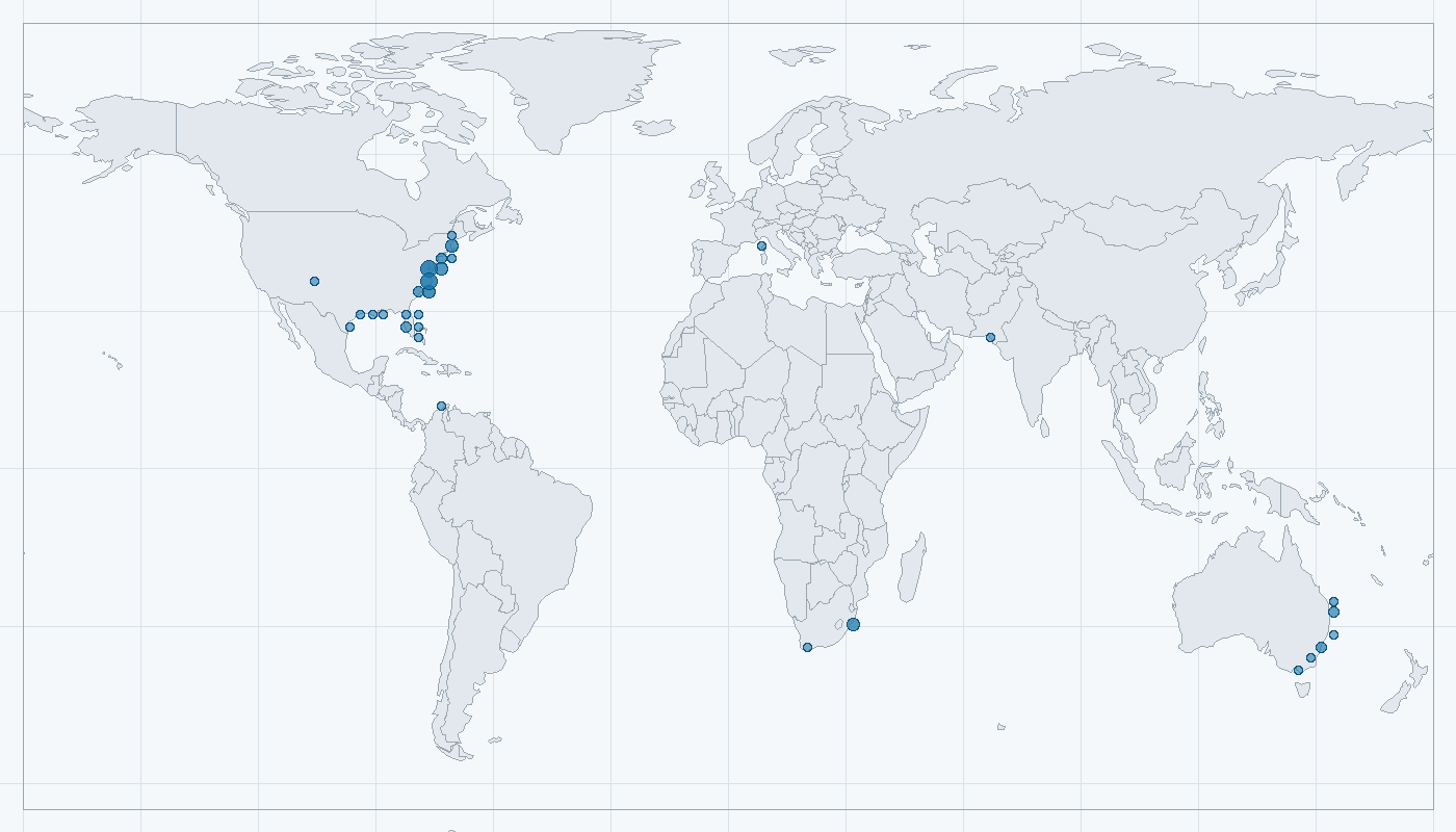 Mapa zaznamenaného výskytu: Žralok písečný (Carcharias taurus)