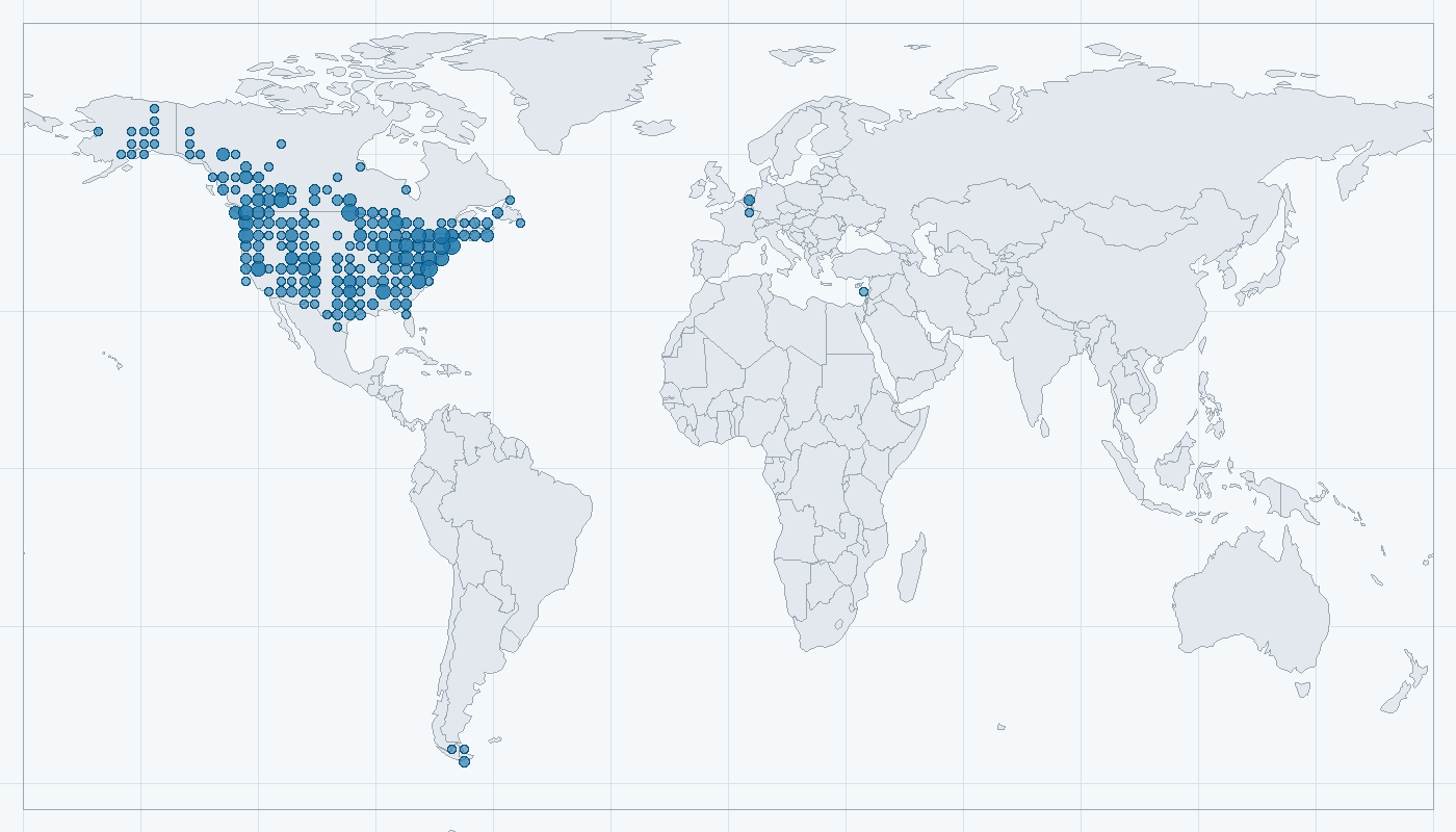 Mapa zaznamenaného výskytu: Bobr kanadský (Castor canadensis)