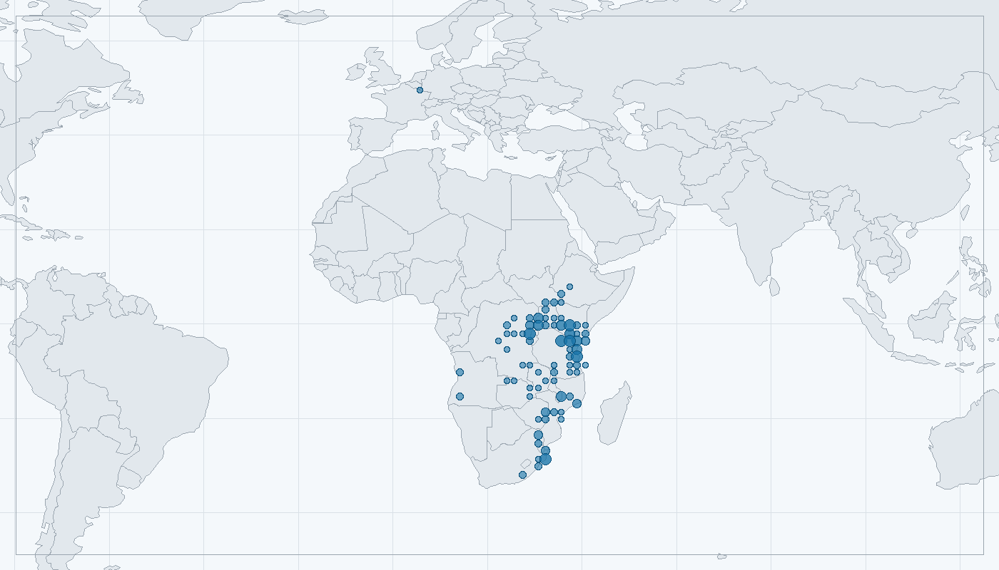 Mapa zaznamenaného výskytu: Kočkodan diadémový (Cercopithecus mitis)