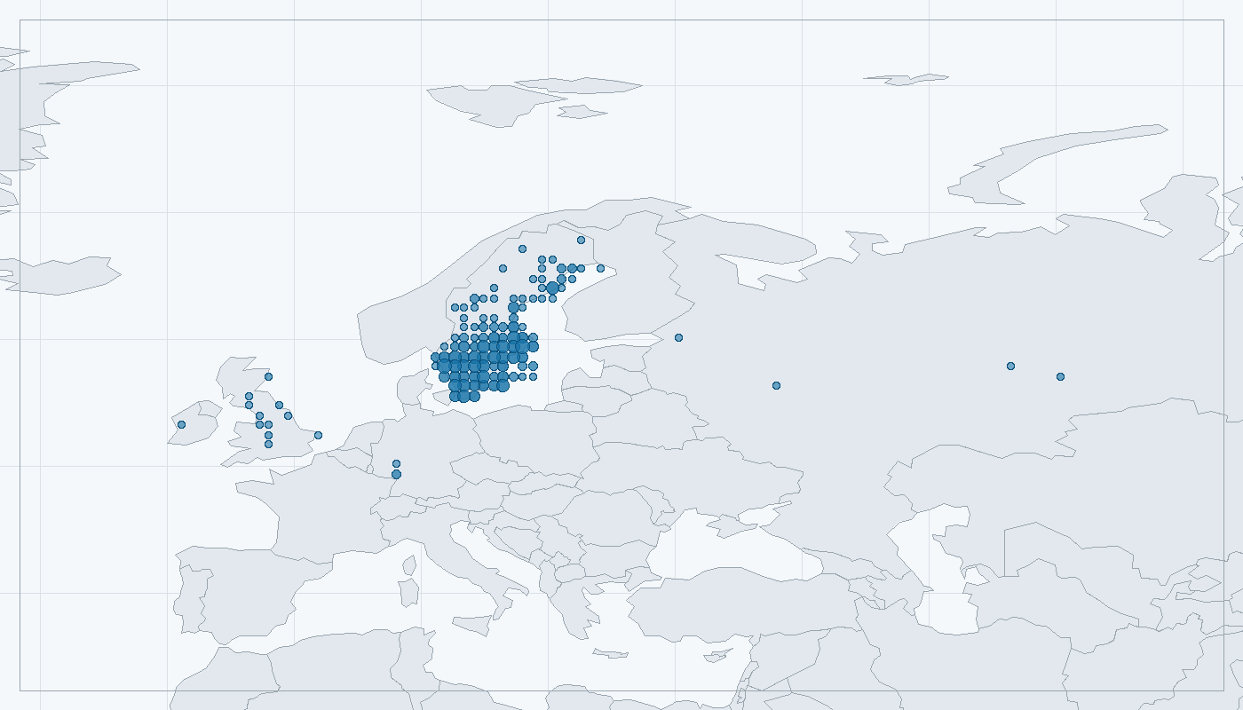 Mapa zaznamenaného výskytu: Šoupálek dlouhoprstý (Certhia familiaris)
