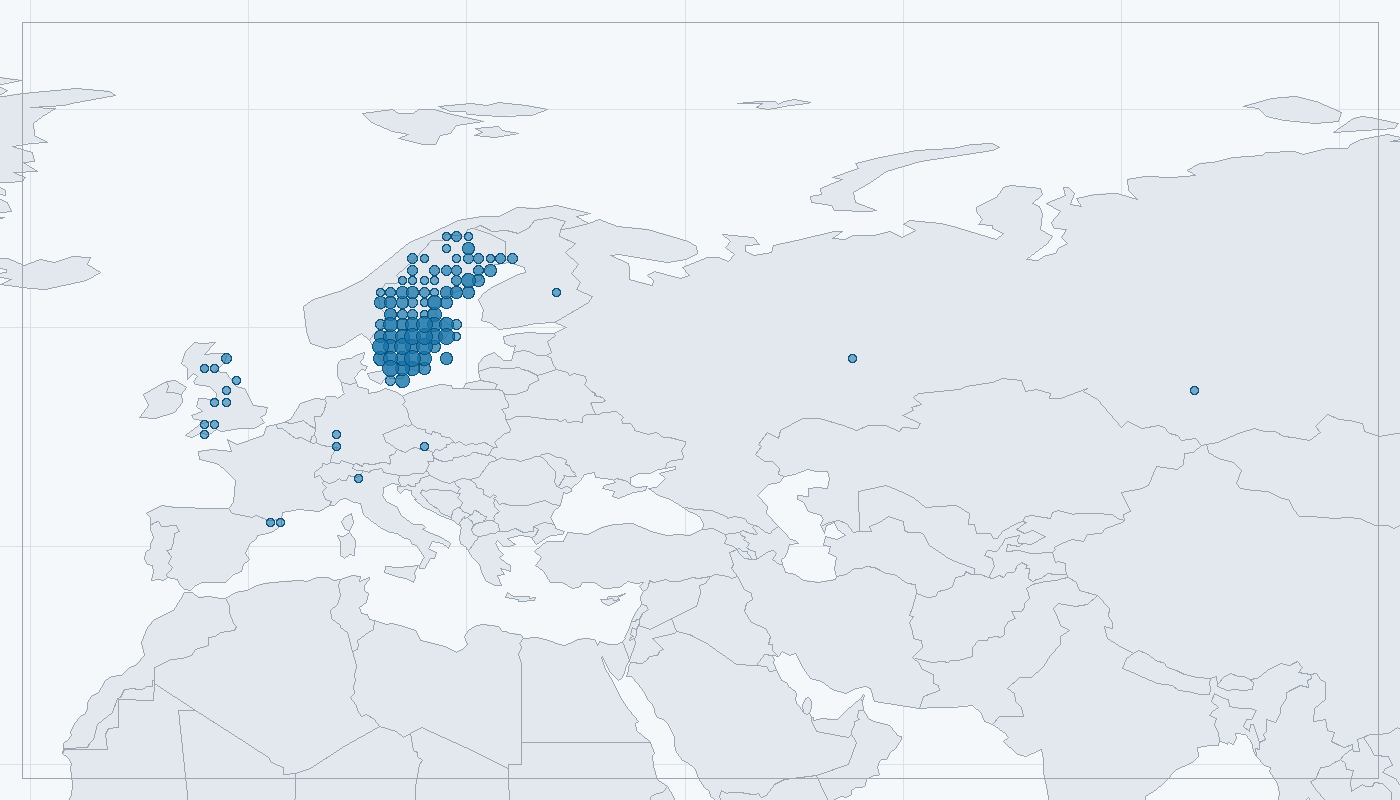 Mapa zaznamenaného výskytu: Skorec vodní (Cinclus cinclus)