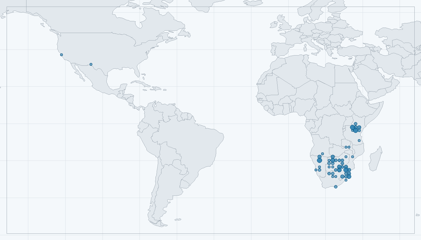 Mapa zaznamenaného výskytu: Pakůň žíhaný (Connochaetes taurinus)