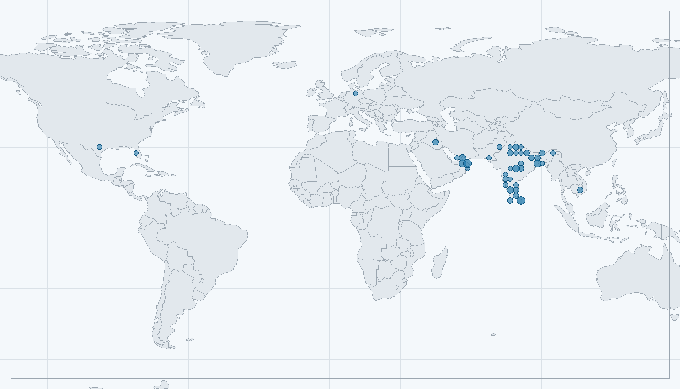 Mapa zaznamenaného výskytu: Mandelík indický (Coracias benghalensis)