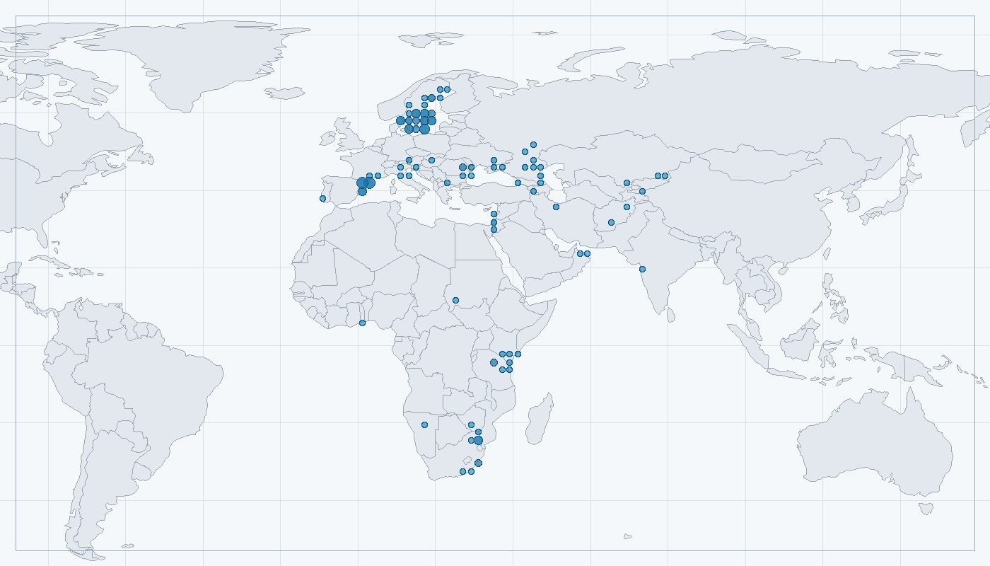 Mapa zaznamenaného výskytu: Mandelík hajní (Coracias garrulus)