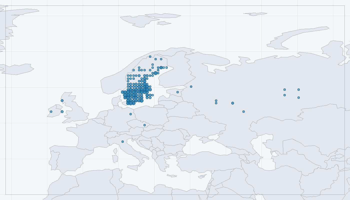 Mapa zaznamenaného výskytu: Vrána šedá (Corvus cornix)