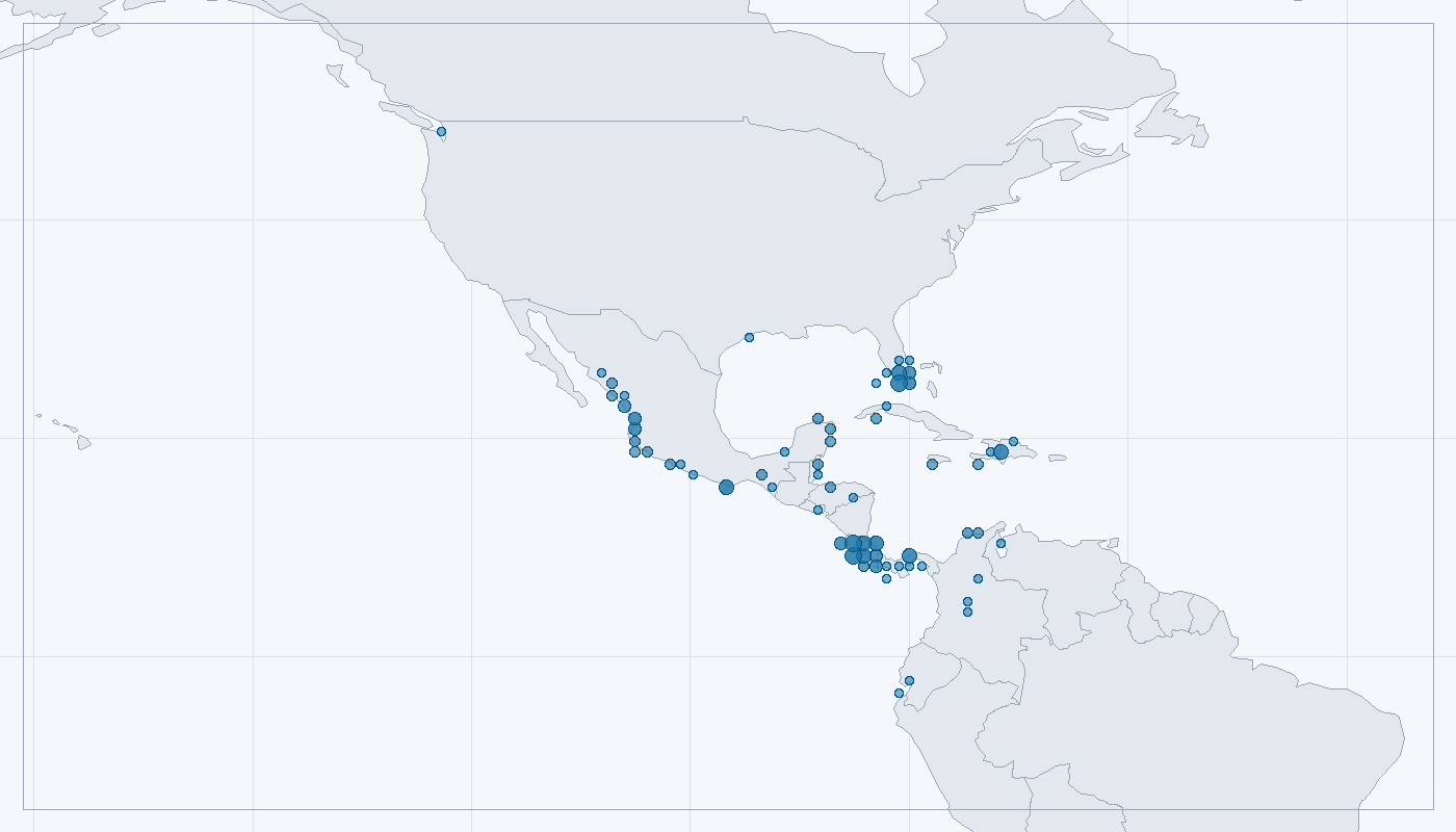 Mapa zaznamenaného výskytu: Krokodýl americký (Crocodylus acutus)
