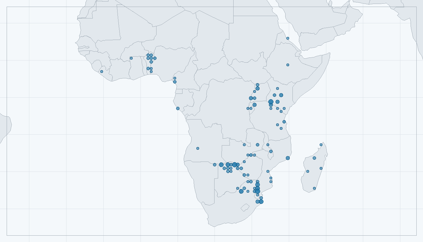 Mapa zaznamenaného výskytu: Krokodýl nilský (Crocodylus niloticus)