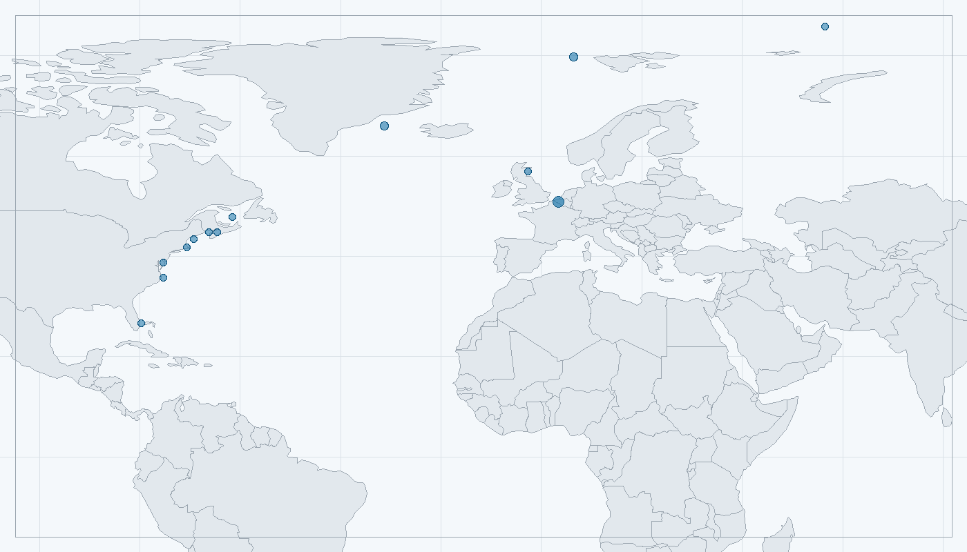 Mapa zaznamenaného výskytu: Čepcol hřebenatý (Cystophora cristata)