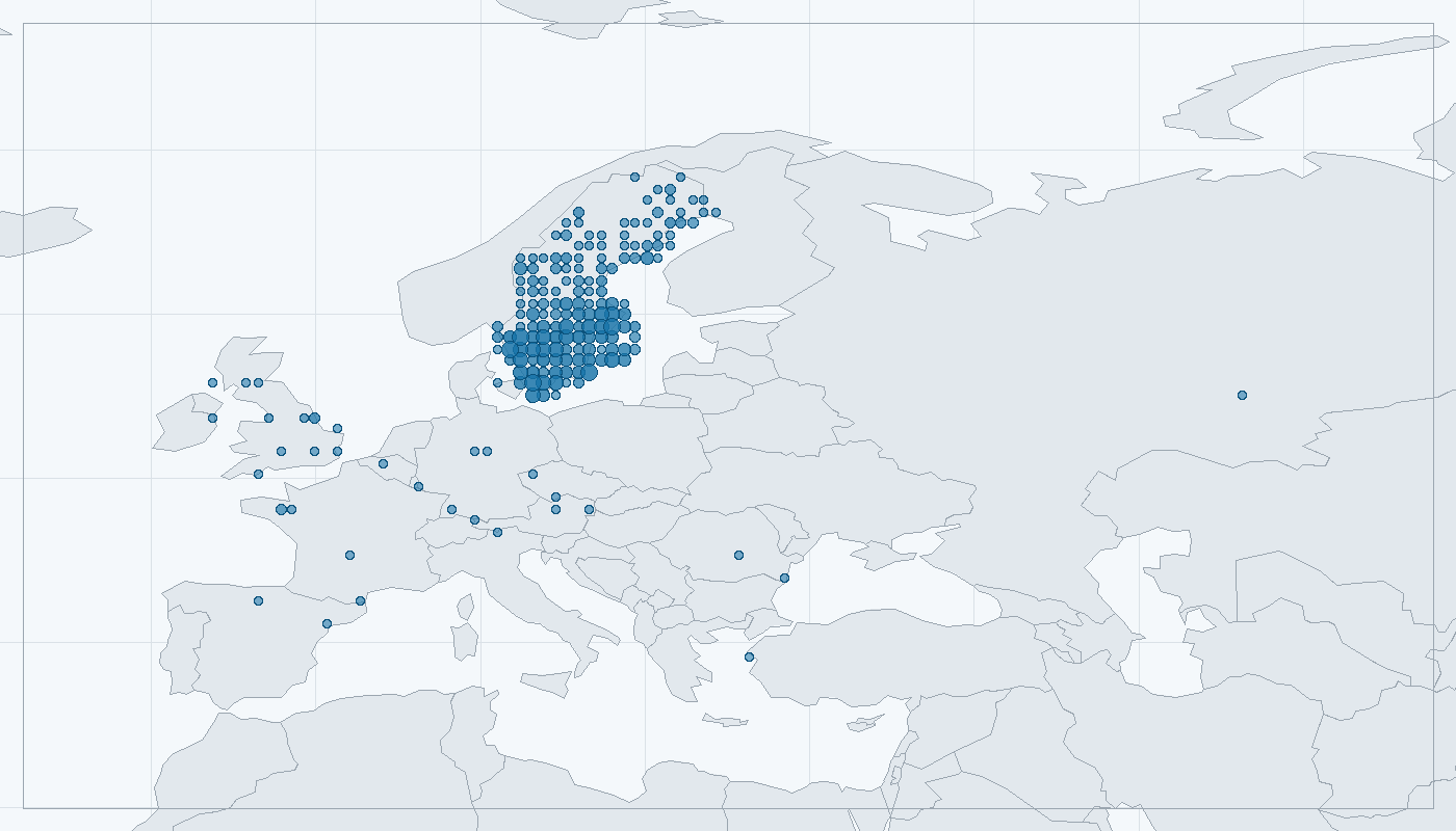 Mapa zaznamenaného výskytu: Jiřička obecná (Delichon urbica)
