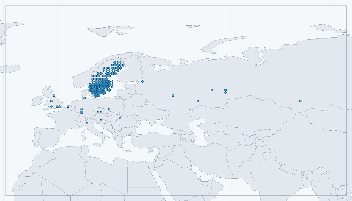 Mapa zaznamenaného výskytu: Strakapoud velký (Dendrocopos major)