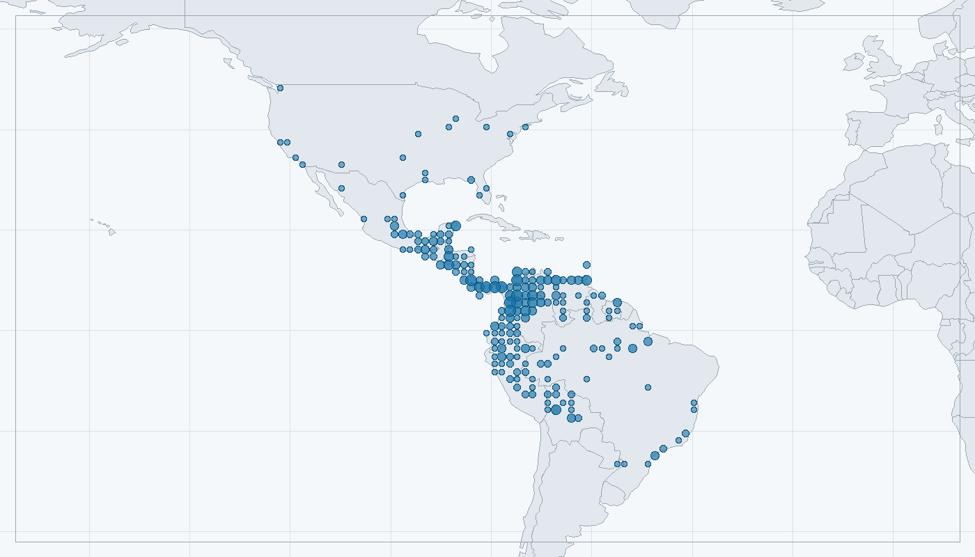 Mapa zaznamenaného výskytu: Vačice opossum (Didelphis marsupialis)
