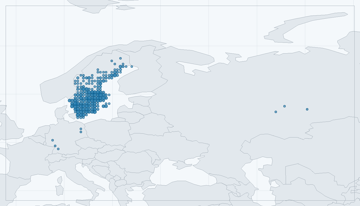 Mapa zaznamenaného výskytu: Datel černý (Dryocopus martius)