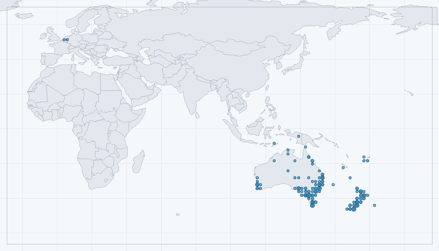 Mapa zaznamenaného výskytu: Volavka bělolící (Egretta novaehollandiae)
