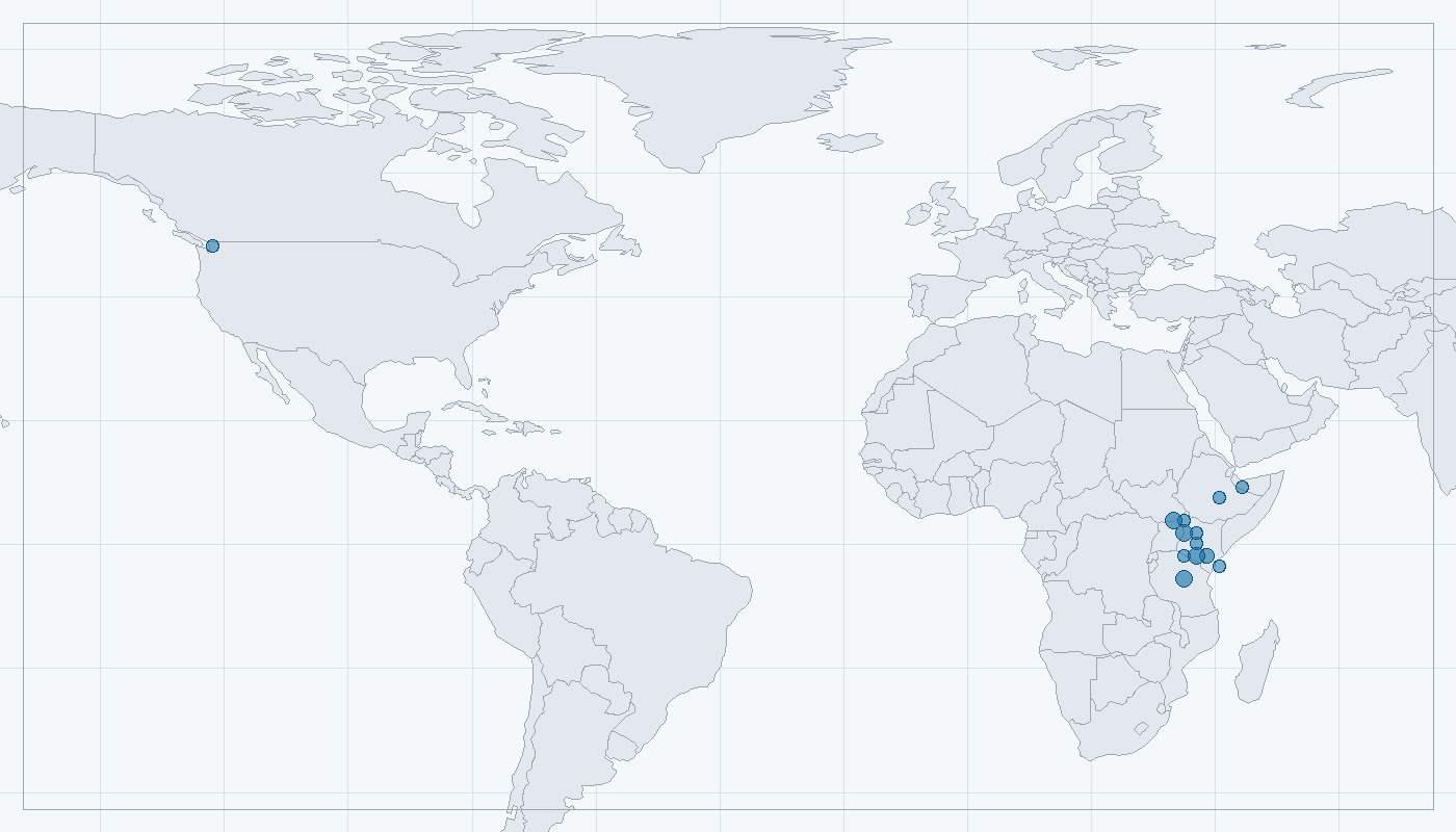 Mapa zaznamenaného výskytu: Bércoun rezavý (Elephantulus rufescens)