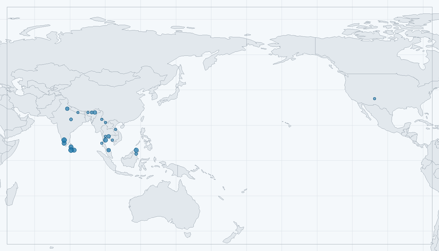 Mapa zaznamenaného výskytu: Slon indický (Elephas maximus)