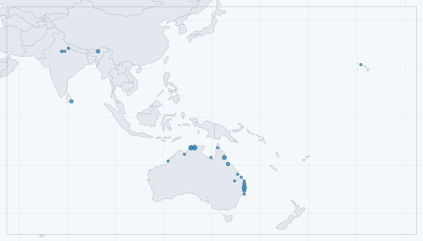 Mapa zaznamenaného výskytu: Čáp černokrký (Ephippiorhynchus asiaticus)