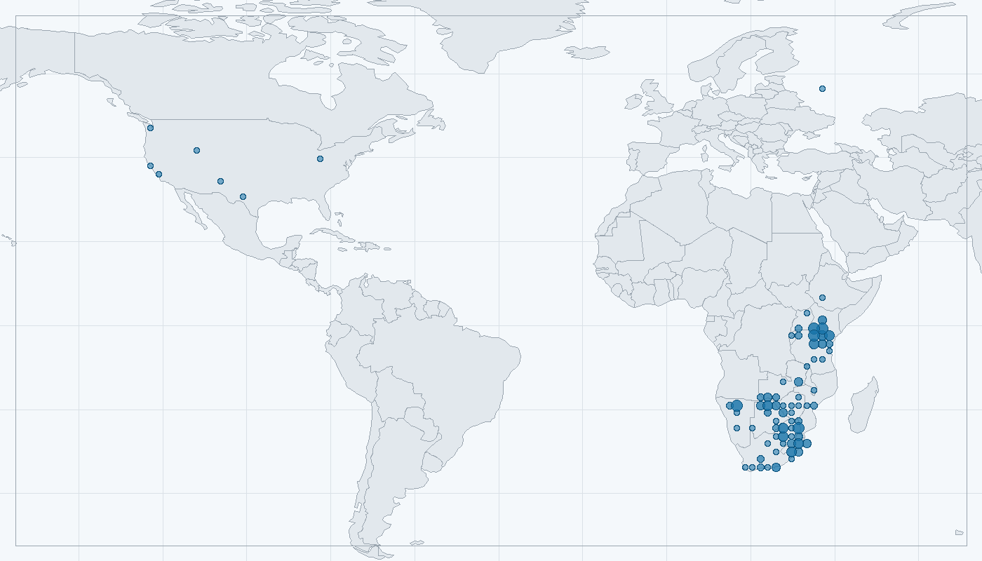 Mapa zaznamenaného výskytu: Zebra stepní (Equus quagga)