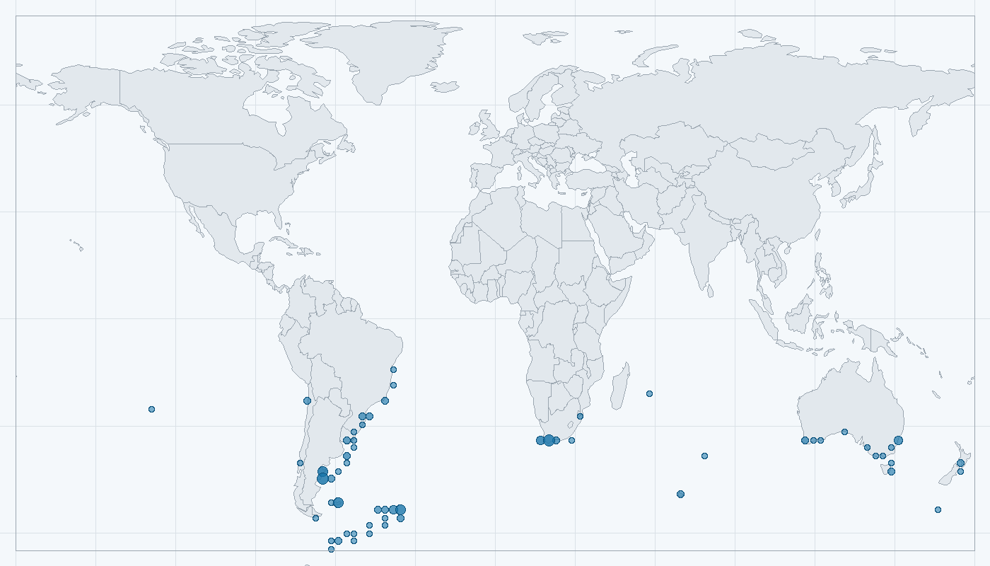 Mapa zaznamenaného výskytu: Velryba jižní (Eubalaena australis)