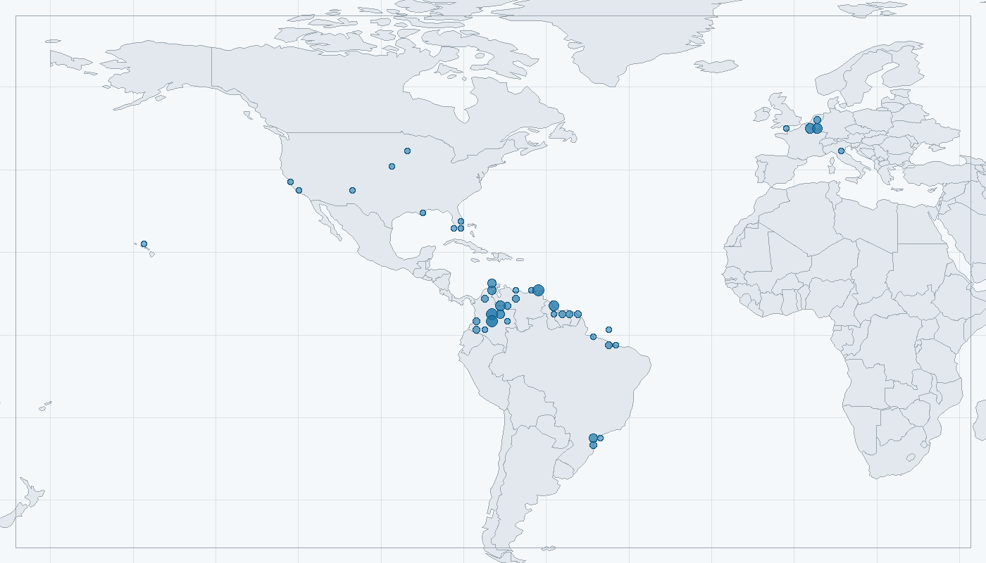 Mapa zaznamenaného výskytu: Ibis rudý (Eudocimus ruber)