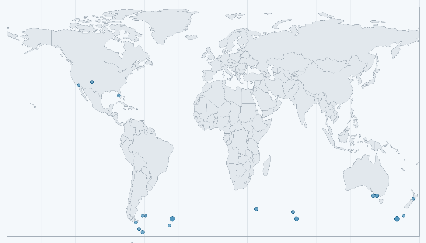 Mapa zaznamenaného výskytu: Tučňák žlutorohý (Eudyptes chrysolophus)