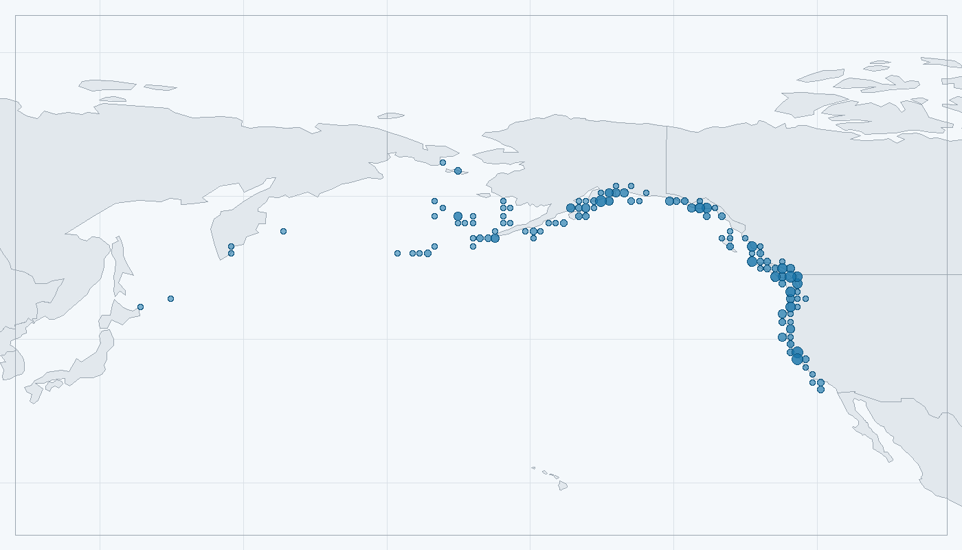Mapa zaznamenaného výskytu: Lachtan ušatý (Eumetopias jubatus)