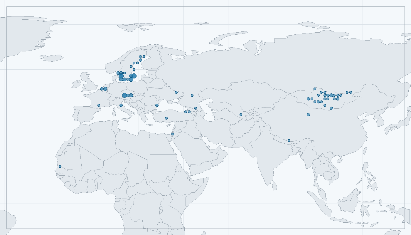 Mapa zaznamenaného výskytu: Raroh velký (Falco cherrug)
