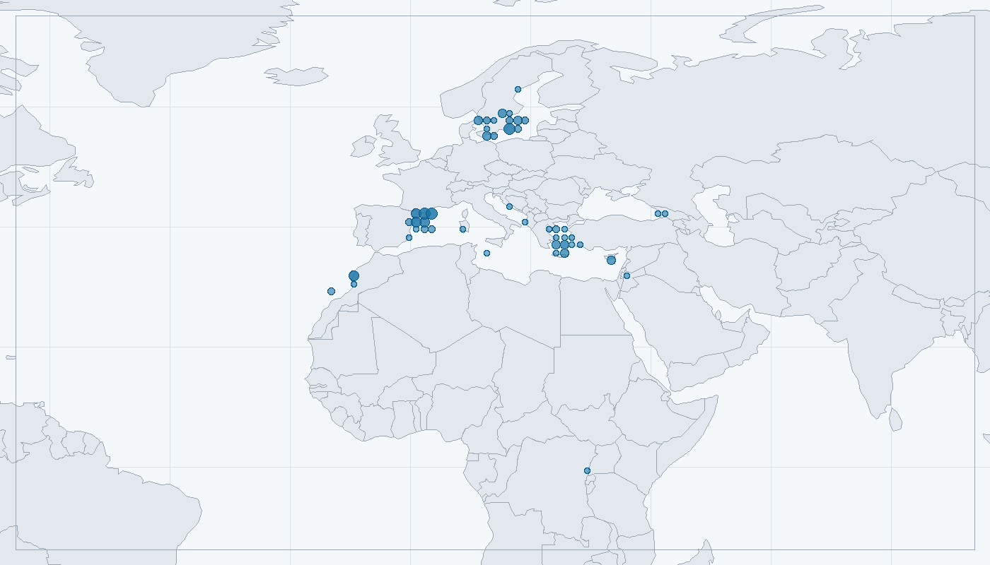 Mapa zaznamenaného výskytu: Ostříž jižní (Falco eleonorae)