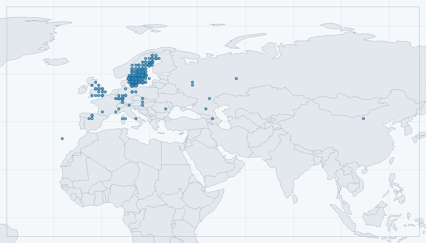 Mapa zaznamenaného výskytu: Poštolka obecná (Falco tinnunculus)
