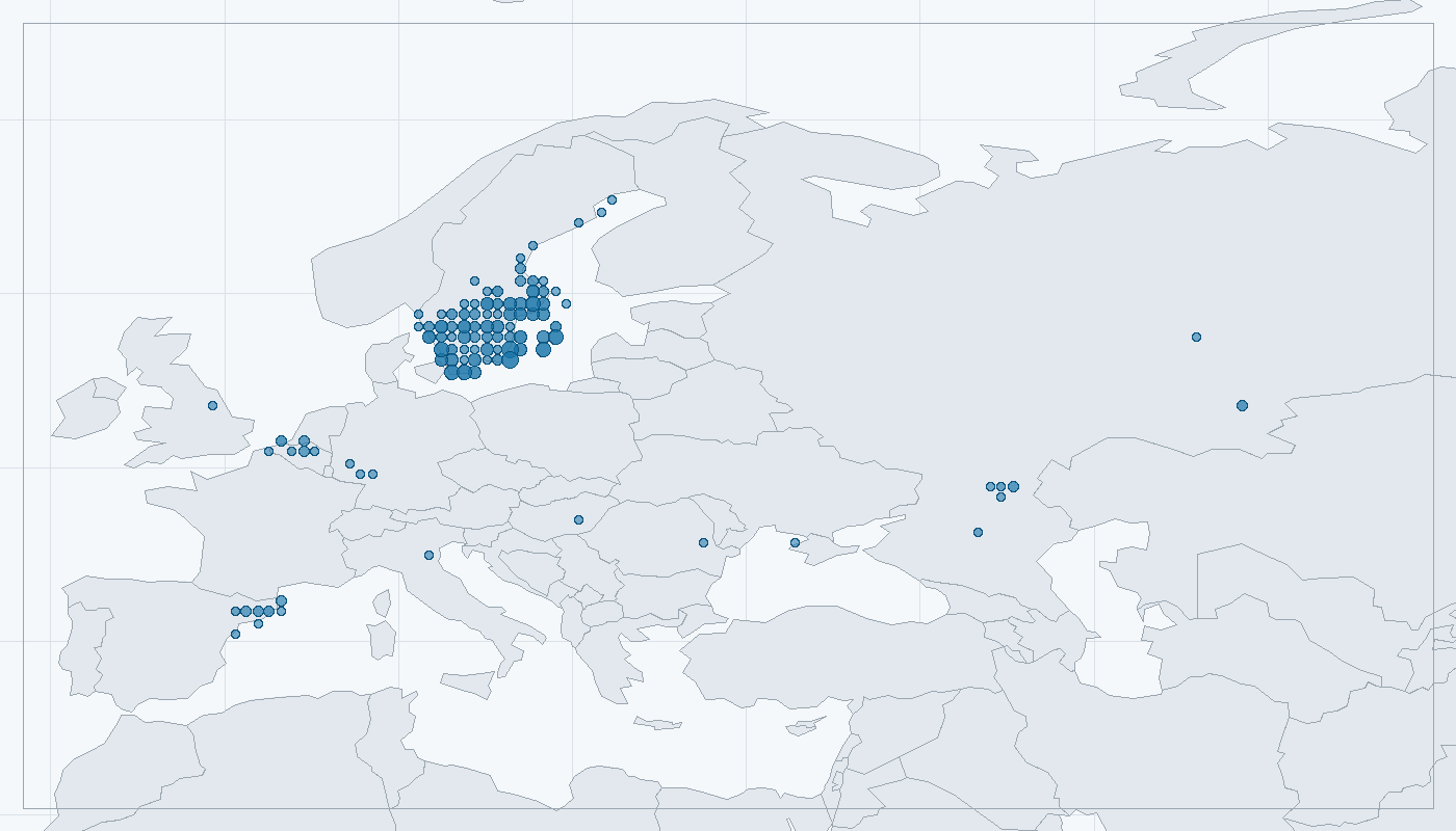 Mapa zaznamenaného výskytu: Poštolka rudonohá (Falco vespertinus)