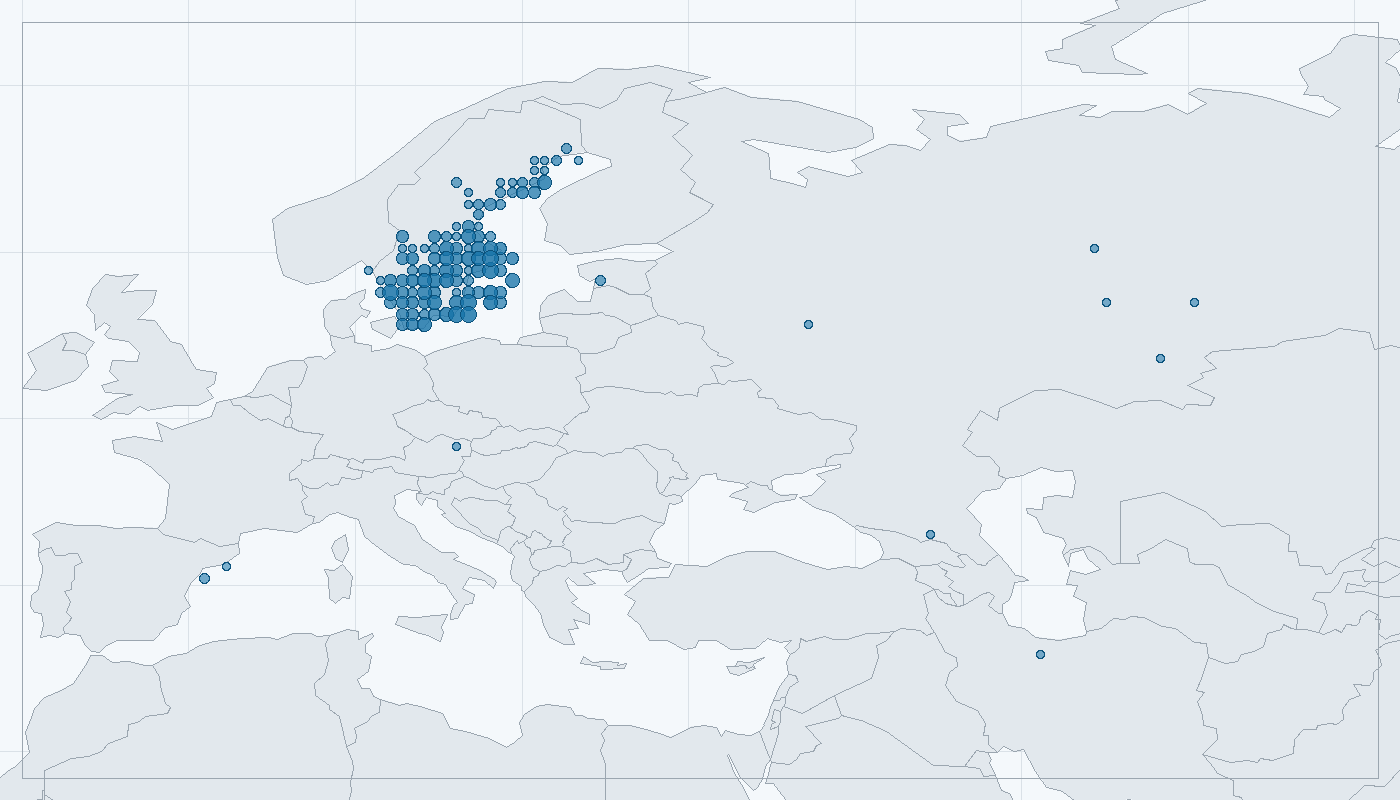 Mapa zaznamenaného výskytu: Lejsek malý (Ficedula parva)